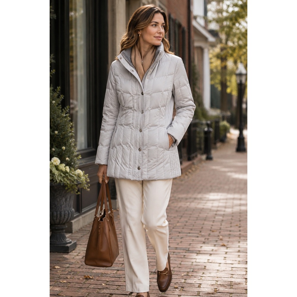 Brooks Brothers Down Fill Puffer Coat Quilted Light Gray Wool Trim 4